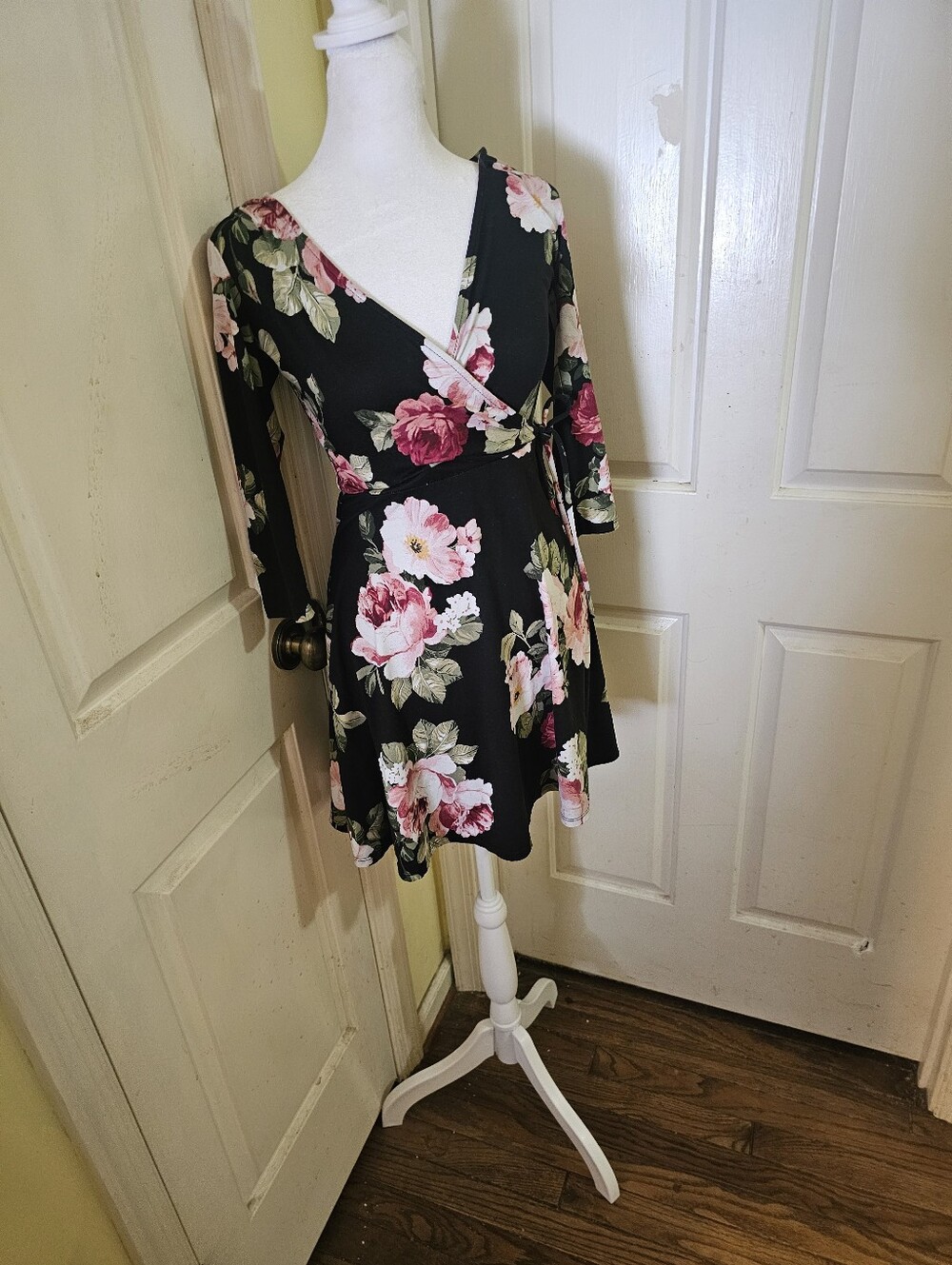 Iz Byer Black Dress with Pink Rose and Green Leaf Print